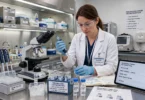 Medical team reviewing personalised vaccine trial results on a screen