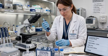 Medical team reviewing personalised vaccine trial results on a screen