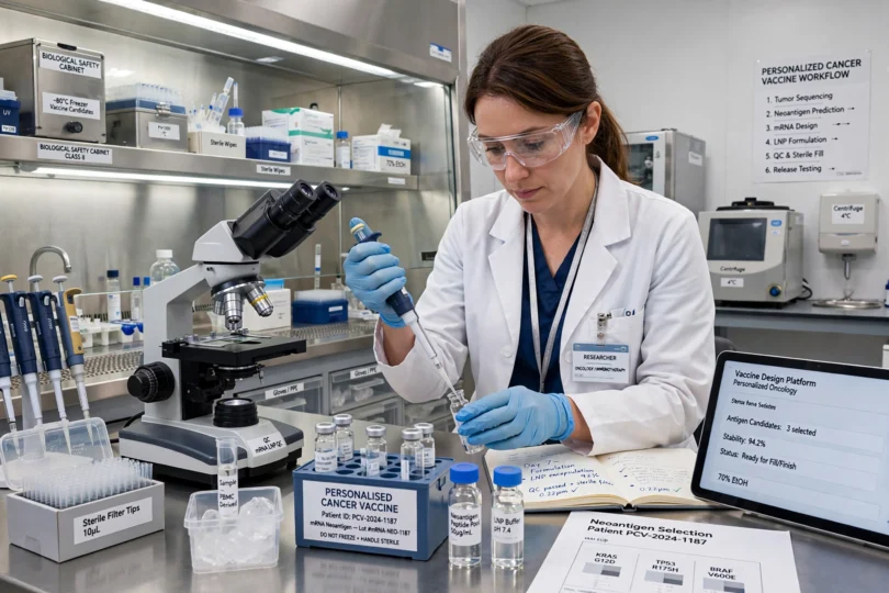 Medical team reviewing personalised vaccine trial results on a screen