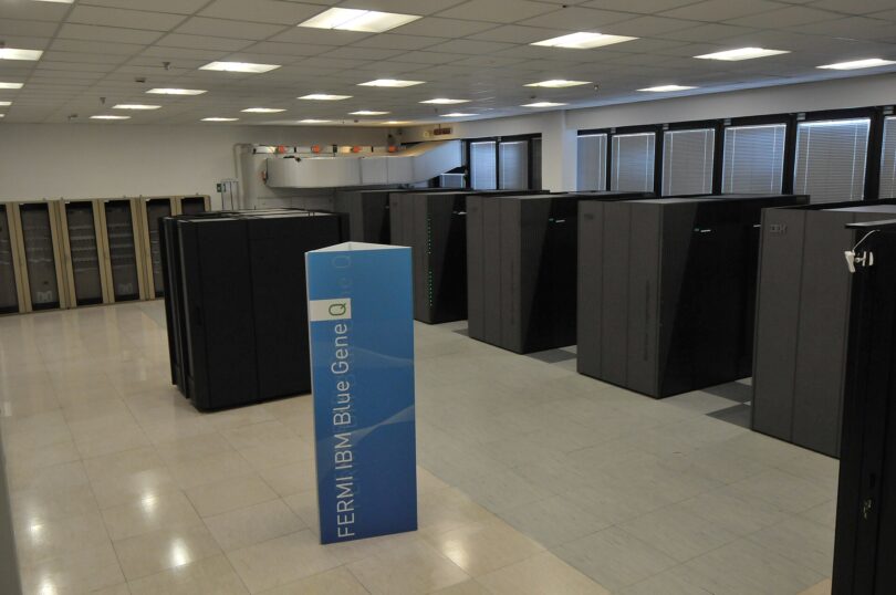 Rows of supercomputer cabinets in a data centre hall