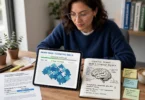 A person playing a brain-training puzzle game on a tablet with a brain illustration nearby.