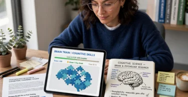 A person playing a brain-training puzzle game on a tablet with a brain illustration nearby.