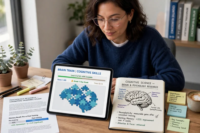A person playing a brain-training puzzle game on a tablet with a brain illustration nearby.
