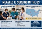 Illustration of a vaccination clinic and a US outbreak map showing the measles resurgence.