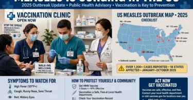 Illustration of a vaccination clinic and a US outbreak map showing the measles resurgence.