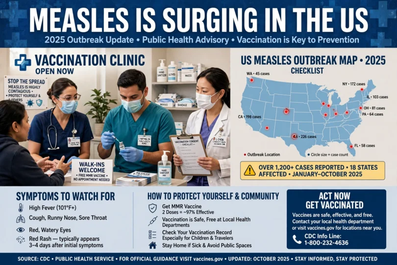 Illustration of a vaccination clinic and a US outbreak map showing the measles resurgence.